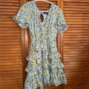 Lulu's Floral Ruffle Dress in Blue and Yellow